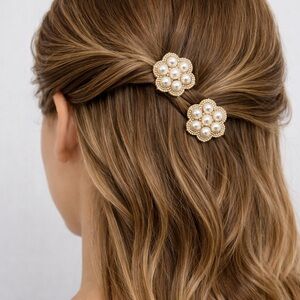 4pcs Gold Tone Flower Hair Clips Faux Pearl Embellished Barrette Accessory